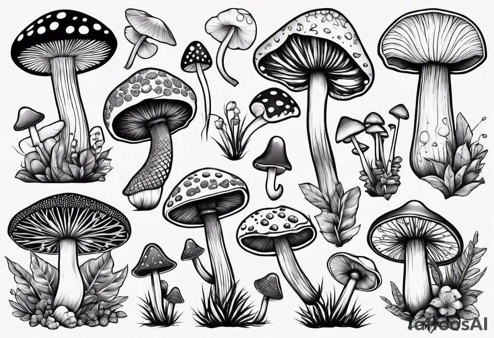 Variety of mushrooms flash sheet tattoo idea