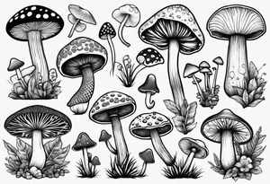 Variety of mushrooms flash sheet tattoo idea