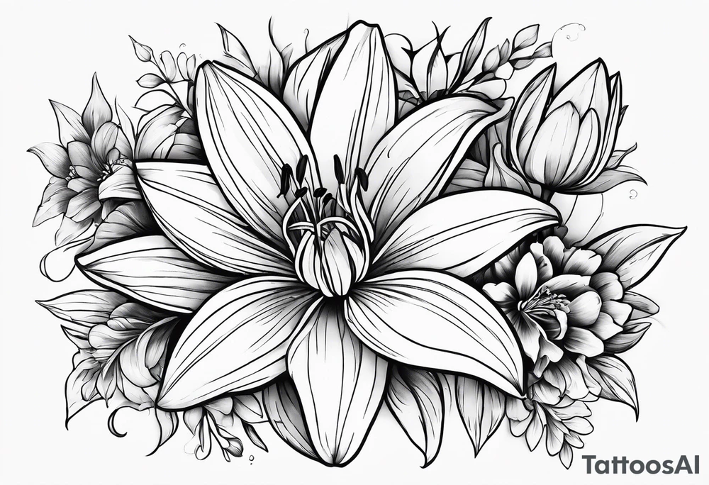 lily, marigold, tulip, cosmo, and aster tattoo idea