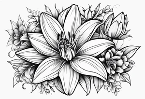 lily, marigold, tulip, cosmo, and aster tattoo idea