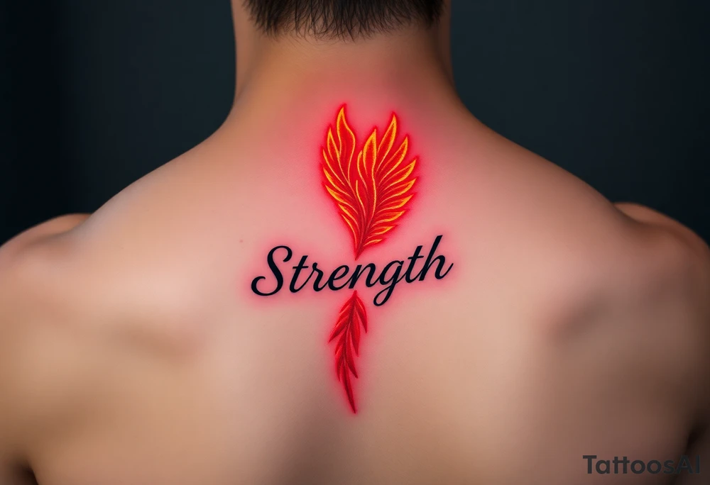 A golden phoenix feather with a fiery red glow, featuring the word "Strength", symbolizing resilience and passion in love tattoo idea