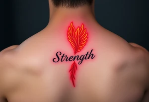 A golden phoenix feather with a fiery red glow, featuring the word "Strength", symbolizing resilience and passion in love tattoo idea