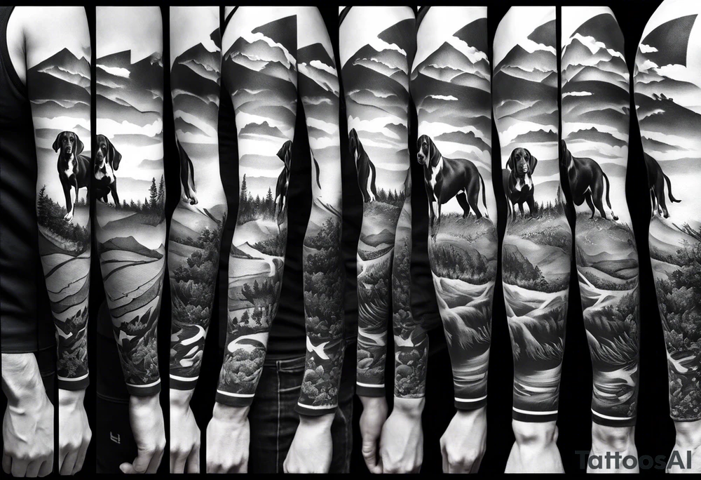 Men’s full arm sleeve. Rolling fields and mountains with 4 Great Dane dogs running in the field tattoo idea
