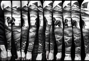 Men’s full arm sleeve. Rolling fields and mountains with 4 Great Dane dogs running in the field tattoo idea