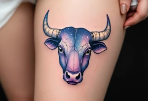 Cosmic Bull Head – Starry-textured bull hide in midnight blue and violet, speckled with faint constellations, and horns made of cracked white stone. tattoo idea