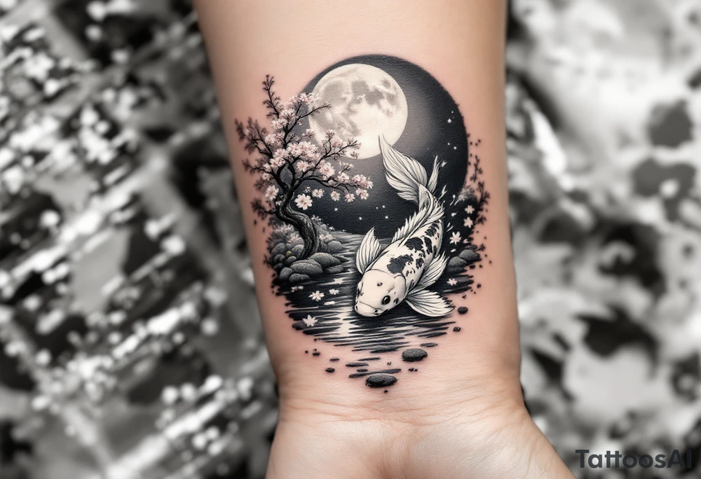 a koi fish swimming upstream in a pond moonlight by the full moon with a sakura tree by the pond tattoo idea