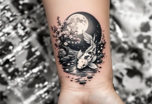 a koi fish swimming upstream in a pond moonlight by the full moon with a sakura tree by the pond tattoo idea