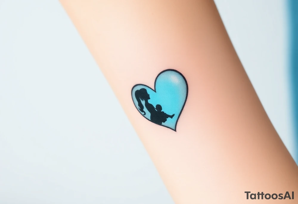 A mother and child shadow inside a heart-shaped puzzle piece, in black and white with a subtle blue glow tattoo idea