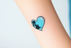 A mother and child shadow inside a heart-shaped puzzle piece, in black and white with a subtle blue glow tattoo idea