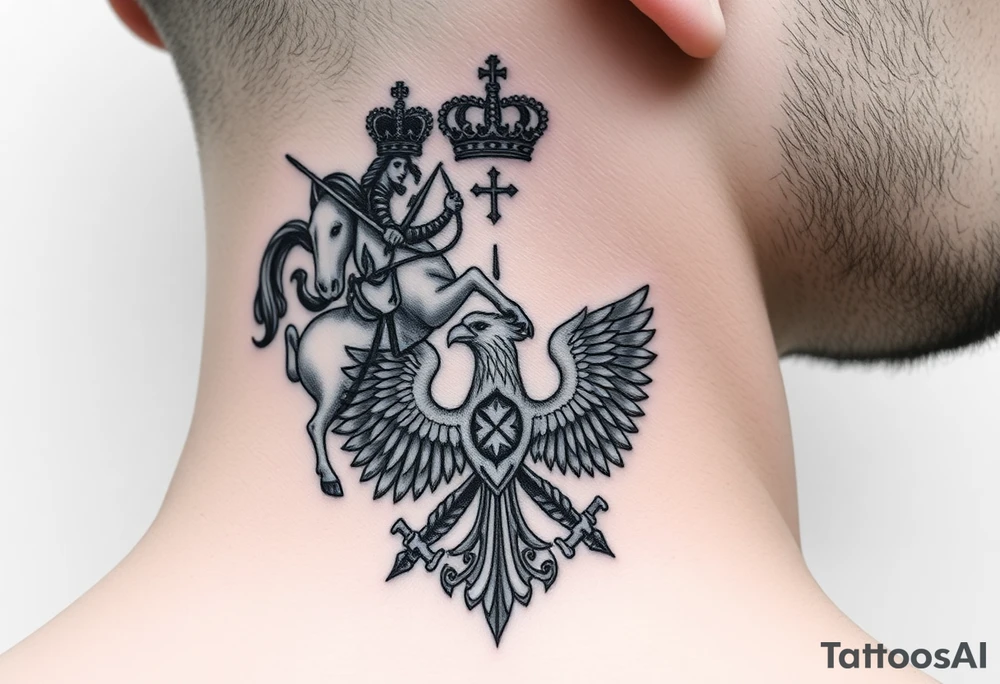 St. George slaying the dragon (hugely common in Russian Orthodox art)
Russian imperial crown above the eagle
Crossed swords or a Russian sabre
The Kremlin or St. Basil's Cathedral scene tattoo idea