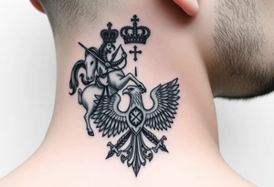 St. George slaying the dragon (hugely common in Russian Orthodox art)
Russian imperial crown above the eagle
Crossed swords or a Russian sabre
The Kremlin or St. Basil's Cathedral scene tattoo idea