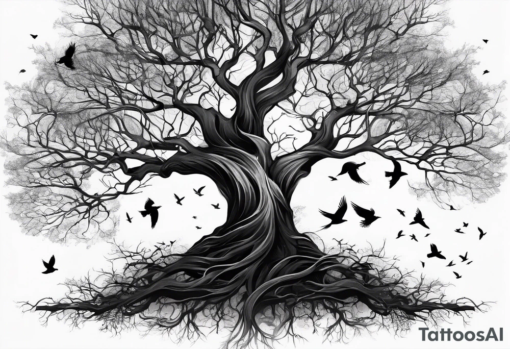 Leafless tree with a mix of birds and black birds flying by it tattoo idea