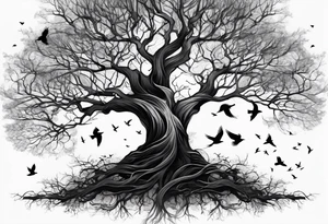Leafless tree with a mix of birds and black birds flying by it tattoo idea