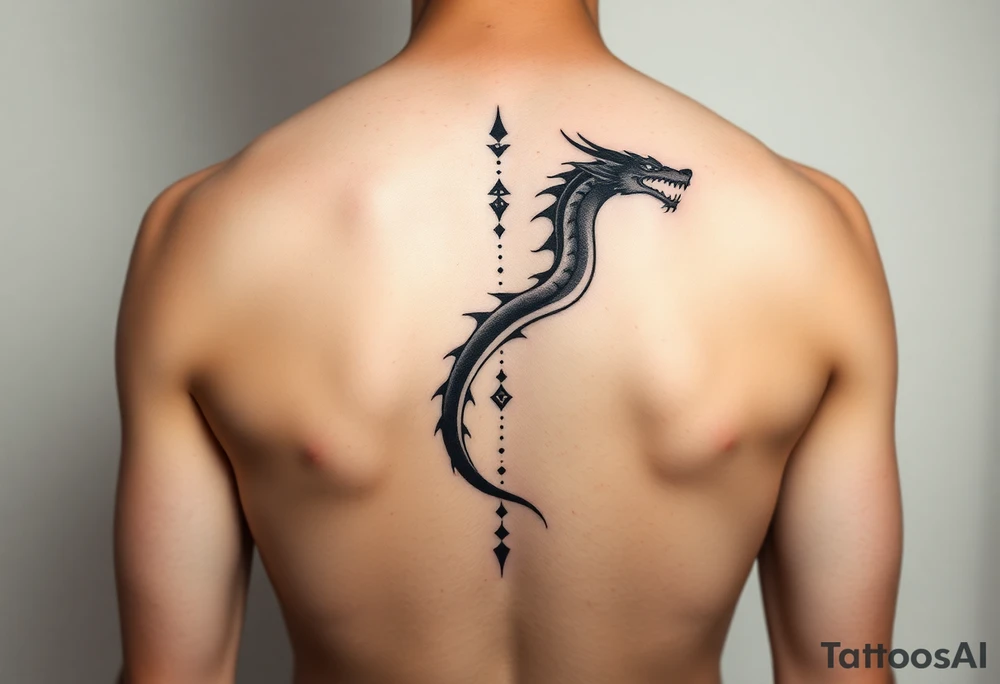 A vertical back tattoo featuring a minimalist, ink-brush style dragon, flowing down the spine like smoke or calligraphy. The dragon is abstract and dynamic, with soft, fluid black strokes. incorporating Amazigh (Berber) symbols for strength, freedom, and identity. The design should reflect themes of transformation, grounding, and soul direction, resonating with a journey of inner rebirth and spiritual embodiment. Style: fine linework, sacred geometry, tribal influence, and dotwork. Ink: black or dark brown. tattoo idea