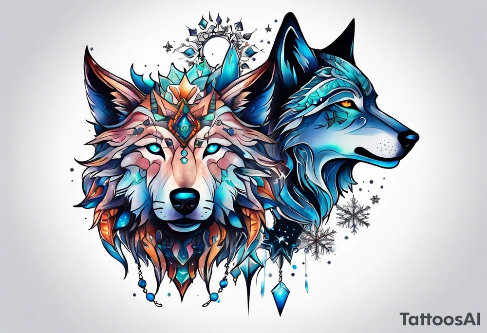 Constellation, two animal alien wolf, snowflake tattoo idea