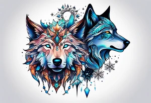 Constellation, two animal alien wolf, snowflake tattoo idea