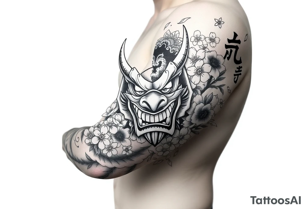 Japanese sleeve including an oni mask that is split in half, cherry blossoms, and the kanji for peace and love tattoo idea