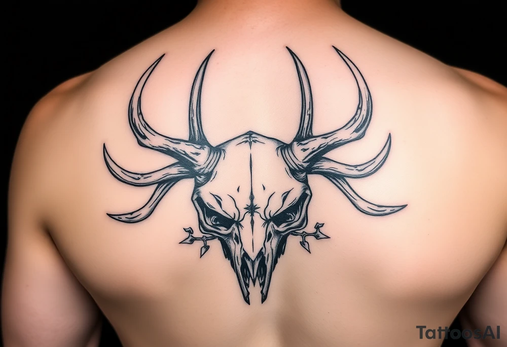 Gory skull with deer antlers tattoo idea