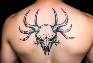 Gory skull with deer antlers tattoo idea