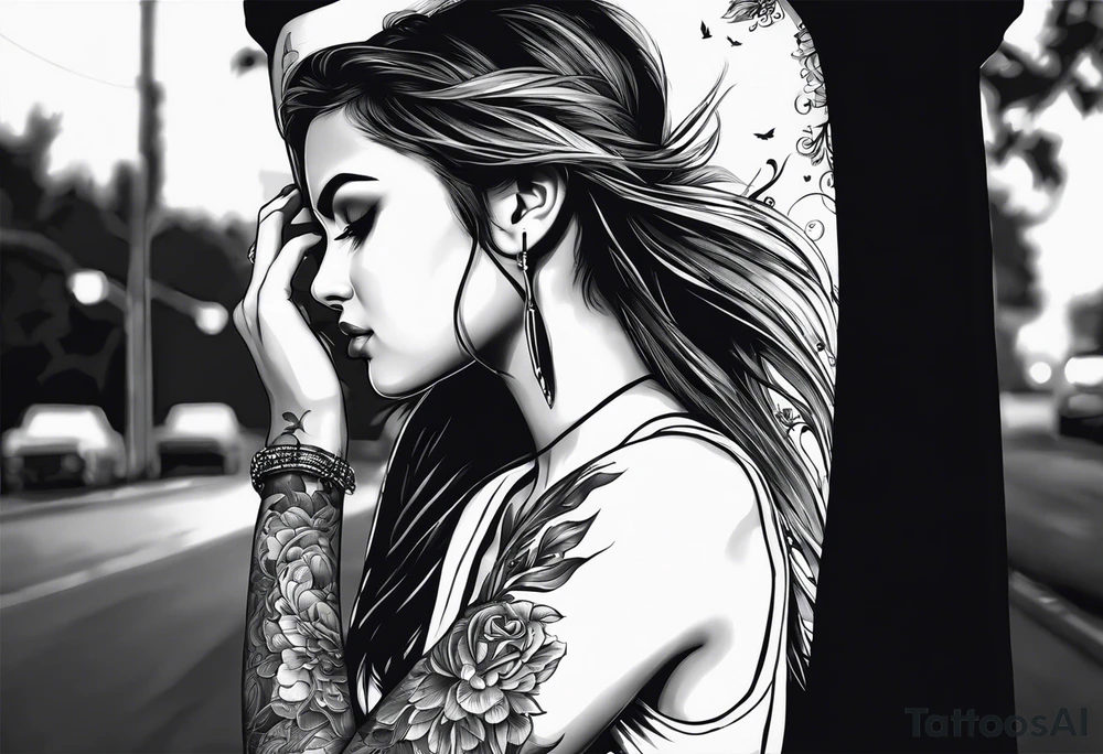 a girl listening to music along a dark road at night showing her shadow tattoo idea