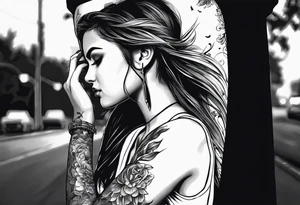 a girl listening to music along a dark road at night showing her shadow tattoo idea