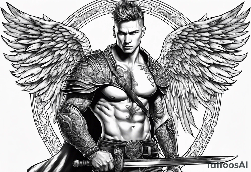 Arch angel fighting sword male full body short hair tattoo idea