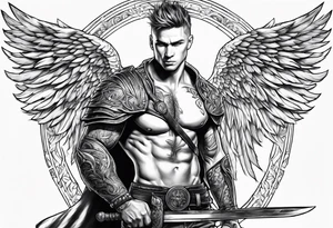 Arch angel fighting sword male full body short hair tattoo idea