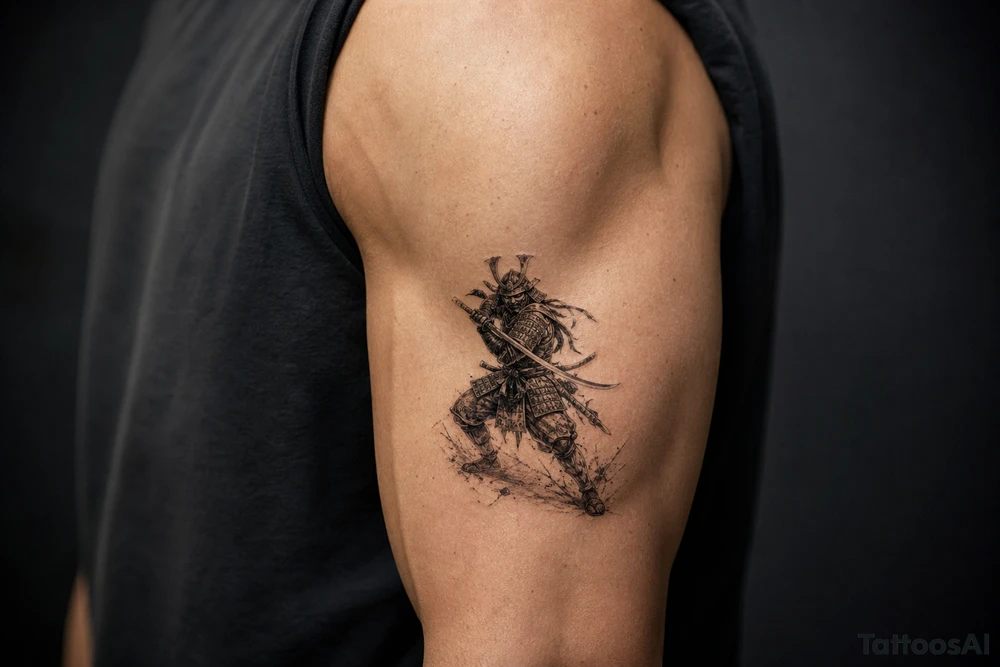 Full body samurai warrior in black and grey, mask prominent, dynamic battle pose, muted tones. tattoo idea