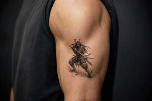 Full body samurai warrior in black and grey, mask prominent, dynamic battle pose, muted tones. tattoo idea