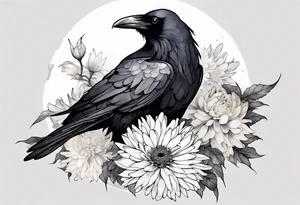 raven with a white chrysanthemum on her chest tattoo idea