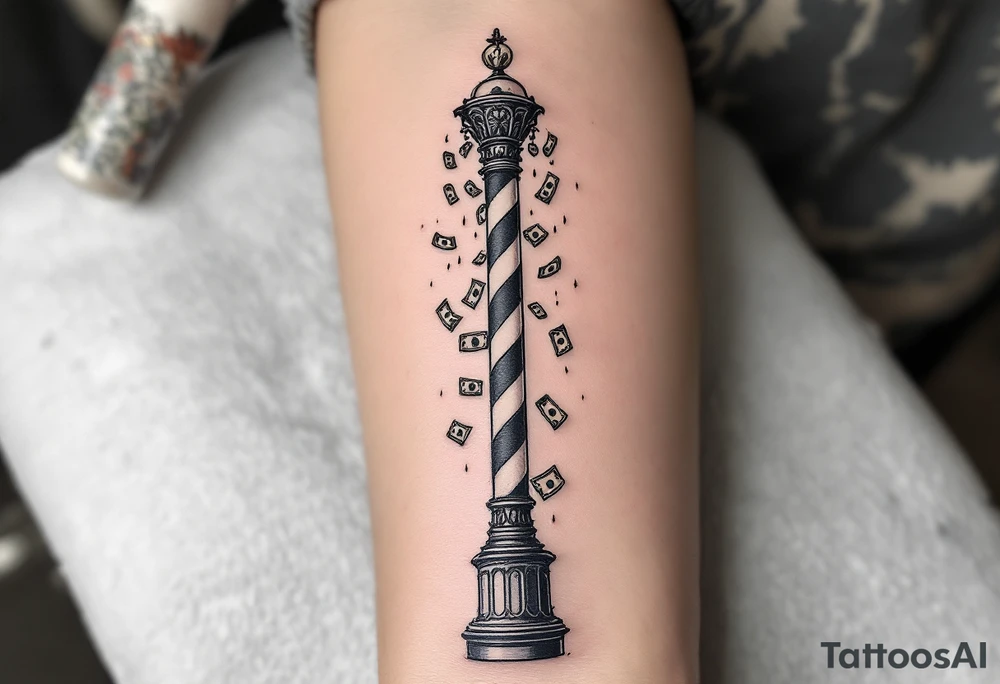 Barber pole with raining money tattoo idea