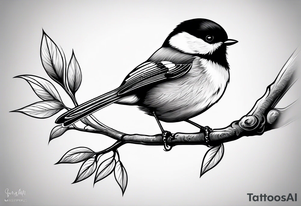 Illustrate a tattoo of a chickadee perched on a twig, focusing on clean lines and minimal detail for an understated design tattoo idea