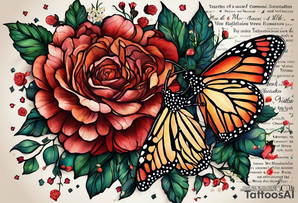 please make a Gemini constellation made of roses, Sagittarius constellation made from Chrysanthemum flowers, Virgo constellation made of Aster flowers, Taurus constellation made from Lily of the Valley flowers all tied together in an arm sleeve tattoo with 4 realistic lady bugs scattered throughout, one realistic butterfly, one realistic cassette tape with the following written on it for song list: #1 "you are my sunshine-3:15"
#2 "3 little birds-12:14"
#3 "twinkle twinkle little star-6:25"
#4 "ABC's-12:00"
Also include a polaroid picture of a realistic view of "the tree of life" symbol with the following coordinates written on the bottom:
61.2547° N, 149.6932° W
61.2547° N, 149.6932° W
43.6355° N, 84.2608° W
42.278046°N, -83.738220W

Also include a realistic skull tied in to the flowers and back ground tattoo idea