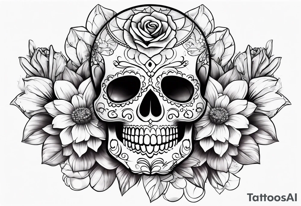 Sugar skull with roses daisies and water lilies for half sleeve shoulder and upper arm tattoo idea