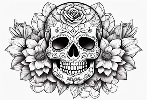 Sugar skull with roses daisies and water lilies for half sleeve shoulder and upper arm tattoo idea