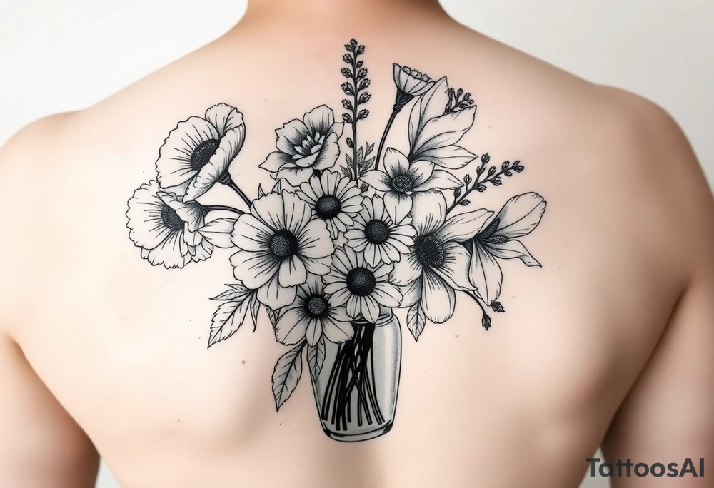 poppy, gladiolus, holly, narcissistic, poinsettia, daisy, and sweet pea arm tattoo in a vase tattoo idea