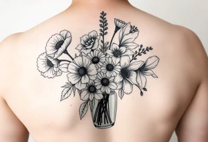 poppy, gladiolus, holly, narcissistic, poinsettia, daisy, and sweet pea arm tattoo in a vase tattoo idea