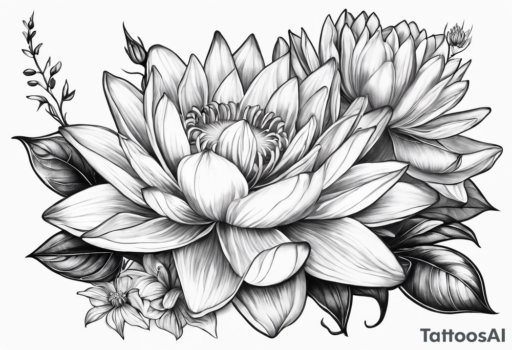 Larkspur and water lily with stems tied with ribbon tattoo idea