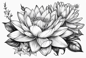 Larkspur and water lily with stems tied with ribbon tattoo idea