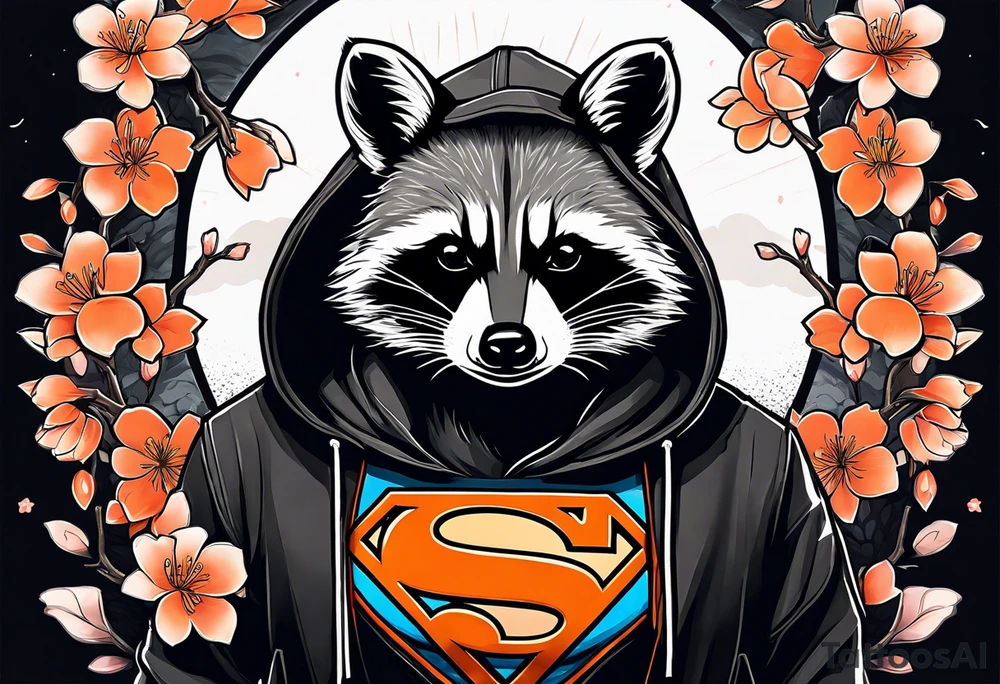 Raccoon wearing a white Superman logo on a black hoodie and orange Japanese cherry blossoms tattoo idea