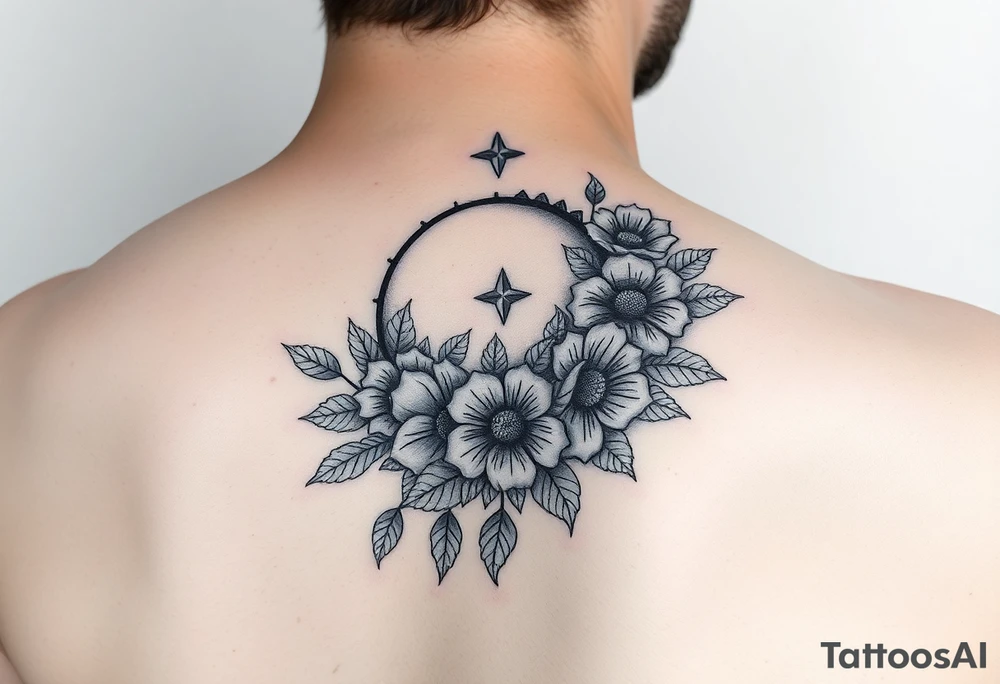 Flower sleeve surrounded by moon and star design tattoo idea