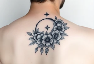 Flower sleeve surrounded by moon and star design tattoo idea