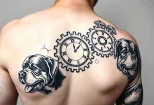 Mechanical round Gears that look like clocks connected to one another Rottweilers  a complete right arm sleeve tattoo idea