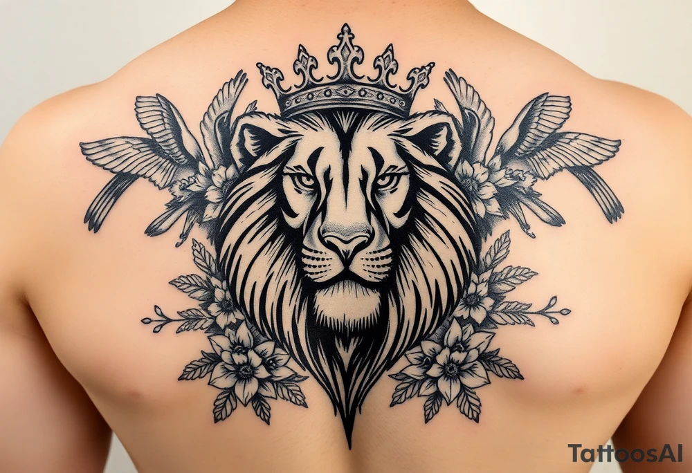 powerful majestic lion with a crown, surrounded by floral ornaments and birds tattoo idea