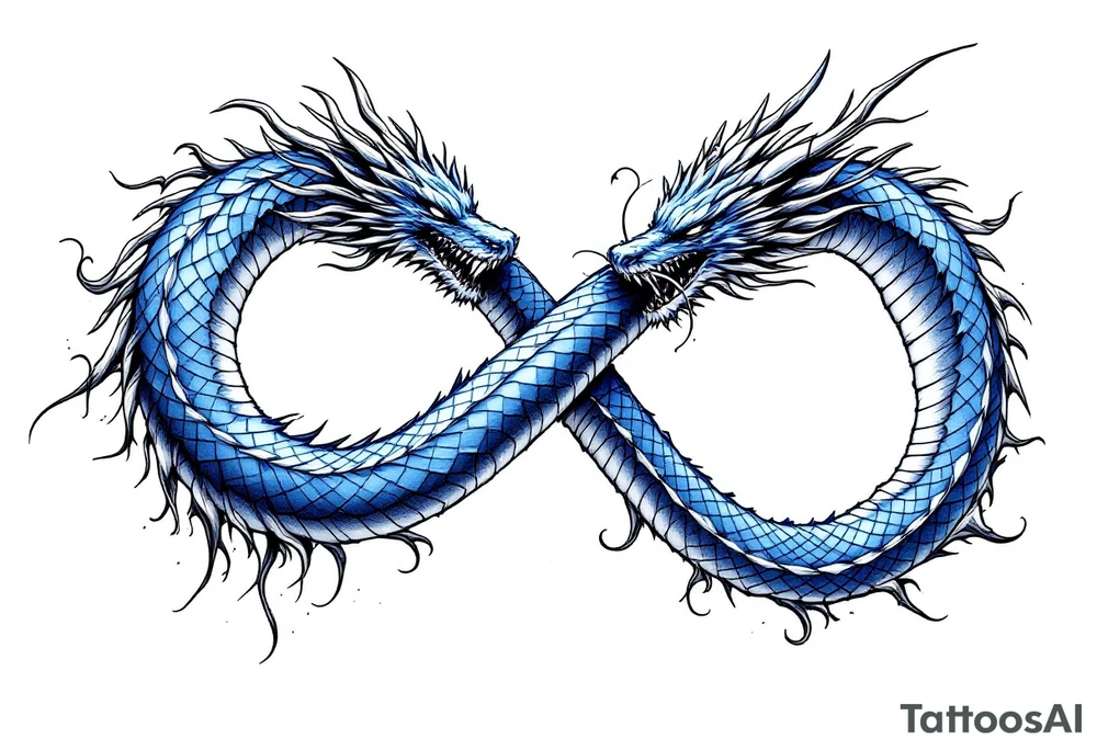 The design features a dragon, coiled in the shape of the infinity symbol (sideways number "8"). The dragon is depicted eating its own tail, symbolizing eternity and continuity, inspired by the Ouroboros.

Details:

The dragon's body has vibrant, glossy blue scales, with a smooth and polished texture.
It maintains a clean, balanced shape in the infinity figure, with sharp details and elegant flow.
Style:

The focus remains on the dragon's form, with no additional background elements to keep the design minimal and modern. tattoo idea