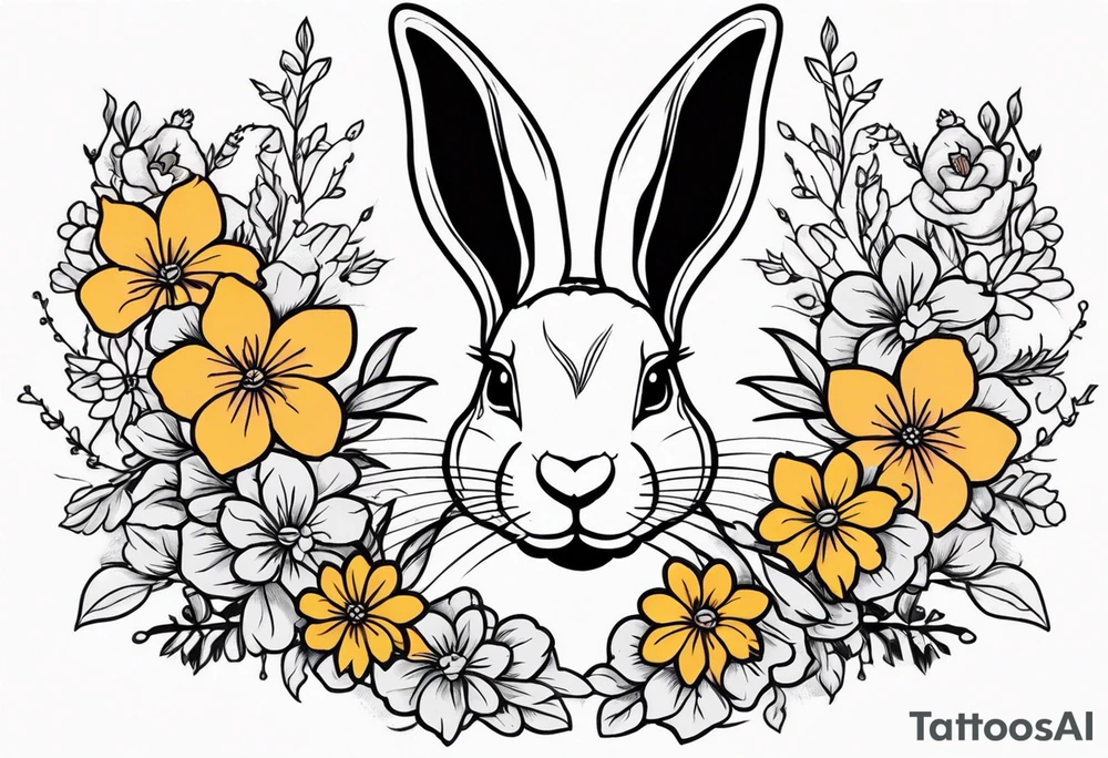 Rabbit head and flowers tattoo idea