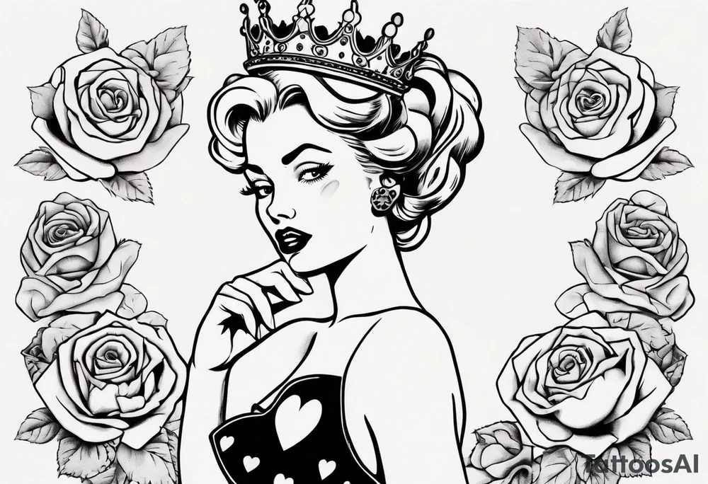 pin-up queen of hearts with a crown, immersed in rose flowers tattoo idea
