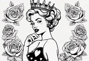 pin-up queen of hearts with a crown, immersed in rose flowers tattoo idea