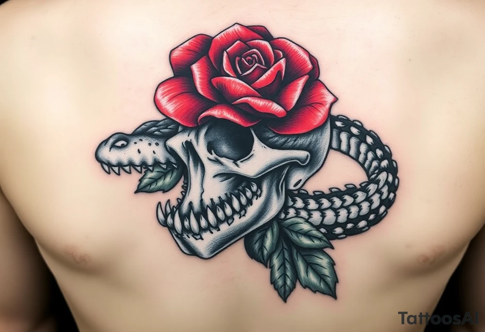 the Tudor rose at the center, all crimson petals edged in black velvet thorns, blooming right out of the skull’s eye socket like it’s growing from his bones. The skull’s grinning, but soft—like he’s in on the joke. And the alligator? He’s coiled around the whole thing, tail curling under the jaw, jaws open just enough to show teeth that look... almost tender. Like he’s protecting it. Or about to eat it.
Maybe a little mist, some ivy creeping up the spine of the rose. Dark greens, deep reds, charcoal shadows. No brights—just that old, heavy velvet feeling. tattoo idea