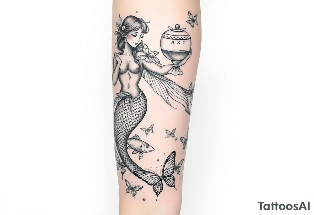 Aquarius goddess with mermaid tail Carrying  water bearer over her shoulder spilling water to the floor with a pisces fish in
Leading to butterflies 
Aries and virgo star signs tattoo idea